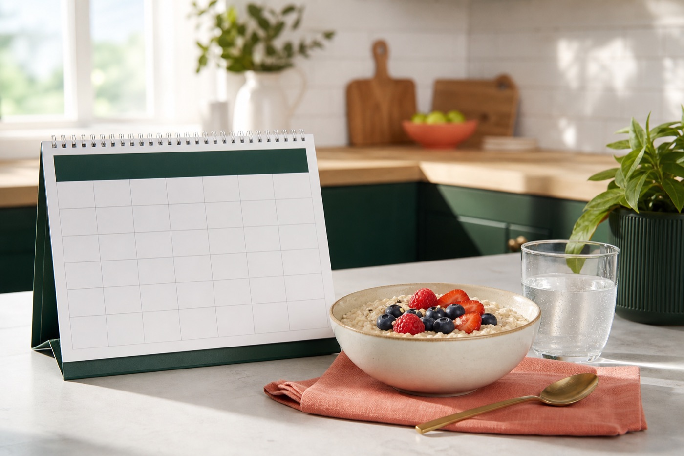 A fresh paper wall calendar for January next to a bowl of oatmeal with berries and a glass of water on a bright kitchen table
