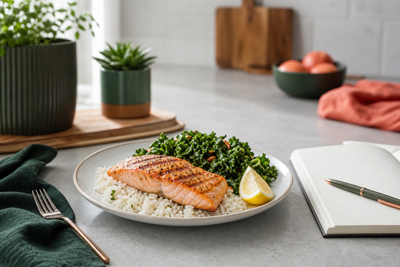A plate of grilled salmon, rice and greens on a kitchen counter beside a small open notebook and a pen